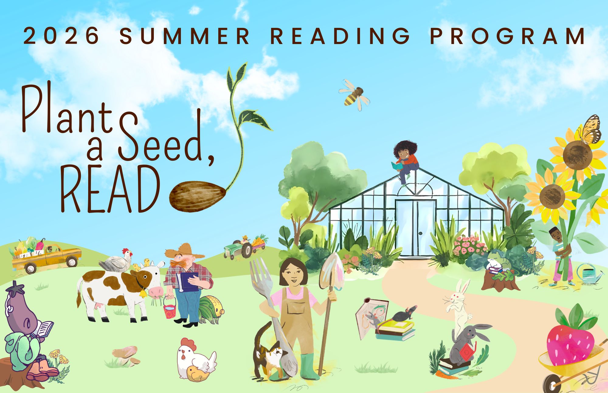 Open grass area with farmyard animals and farmers, with a greenhouse to the rigth side. The 