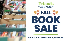 Graphic announcement for Friends of the Library Fall Book Sale, featuring a person looking through boxes of books