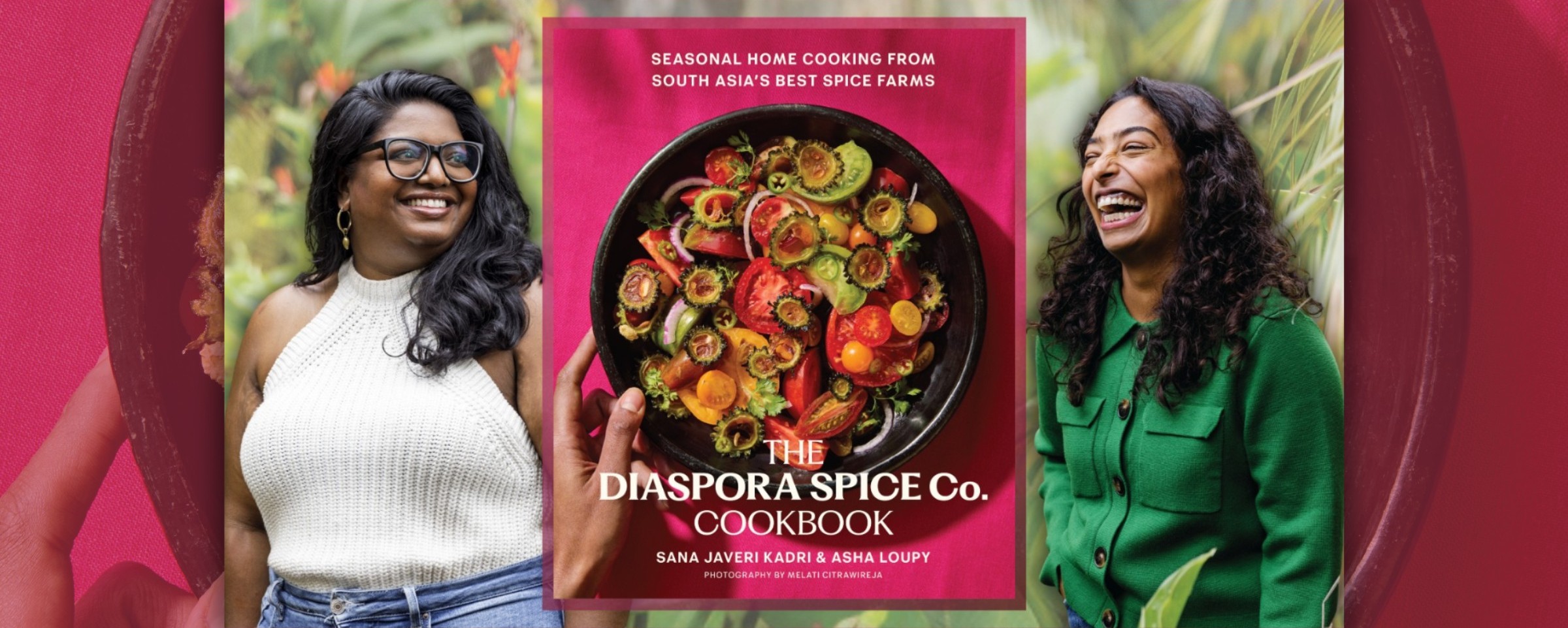 Book cover of the Disapora Spice Co. Cookbook, alongside Kadri, CEO & Founder of Diaspora Spice Co., and Loupy, Renowned Food and Recipe Writer