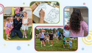 four pictures in frames. The first is a firefighter posing with three little girls. Next is a caricature drawing, followed by a group of people in a field using bubble wands. The last: A girl faces away from the camera, and her long wavy hair is staticky and sticking up around her head.