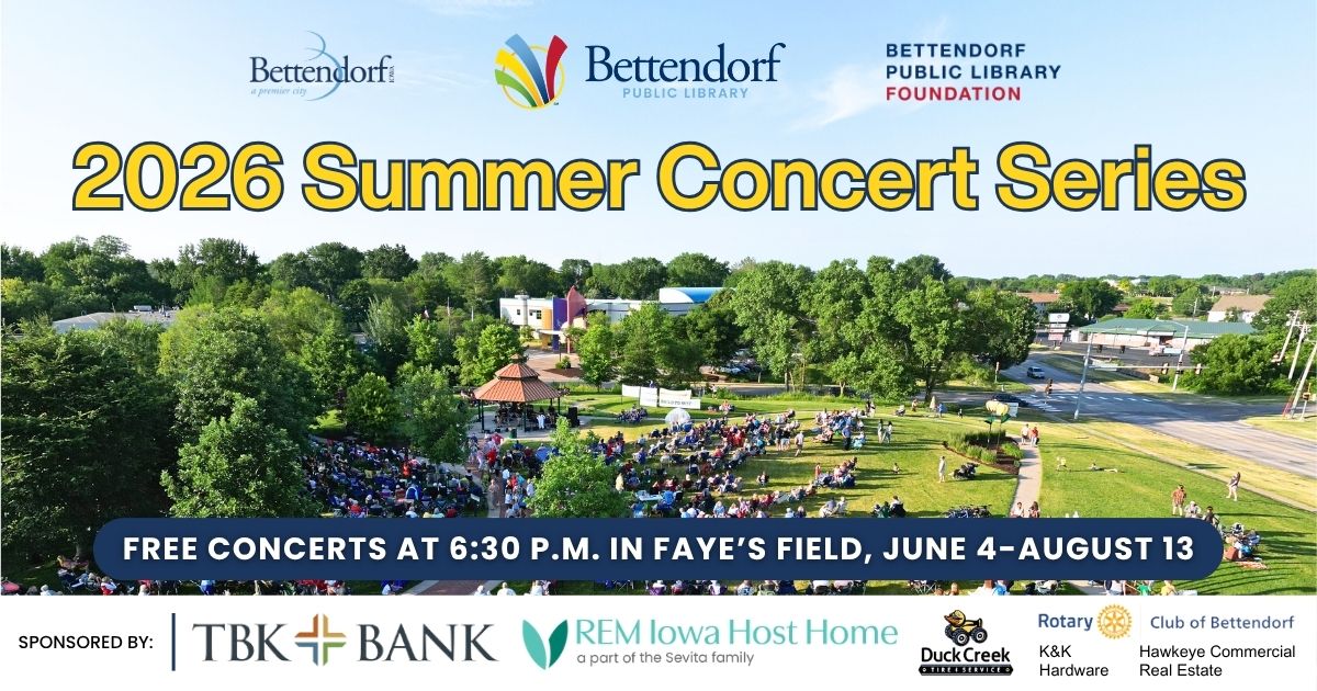 Drone image of the event overlayed with the City of Bettendorf logo, the Bettendorf Public Library logo, the Bettendorf Public Library Foundation logo, and sponsor logos