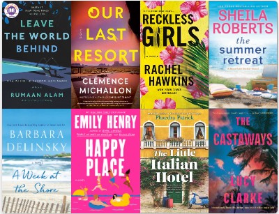 A group of eight fictional travel-related book covers