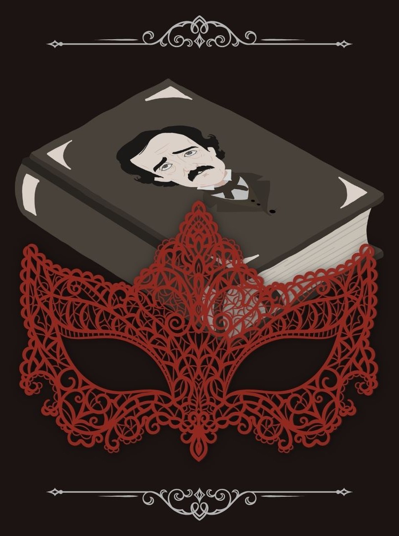 Graphic of a closed book with a portrait of Edgar Allen Poe behind a red lace mask