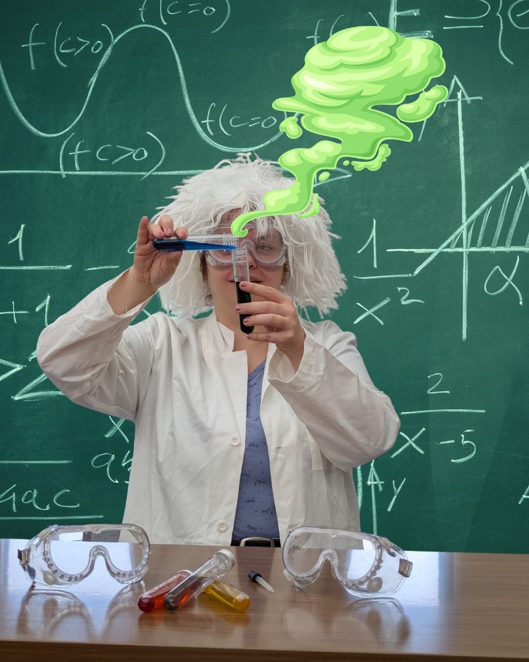 Woman in lab coat and white-haired wig pours a substance from one test tube into another in front of a chalk board with formulas on it