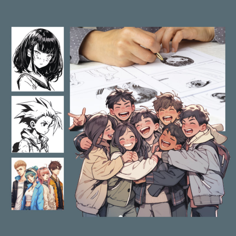 Three squares on the left of anime-style drawings of teens. To the left is anime art of a large group of teens, above which is a close-up of a hand drawing anime